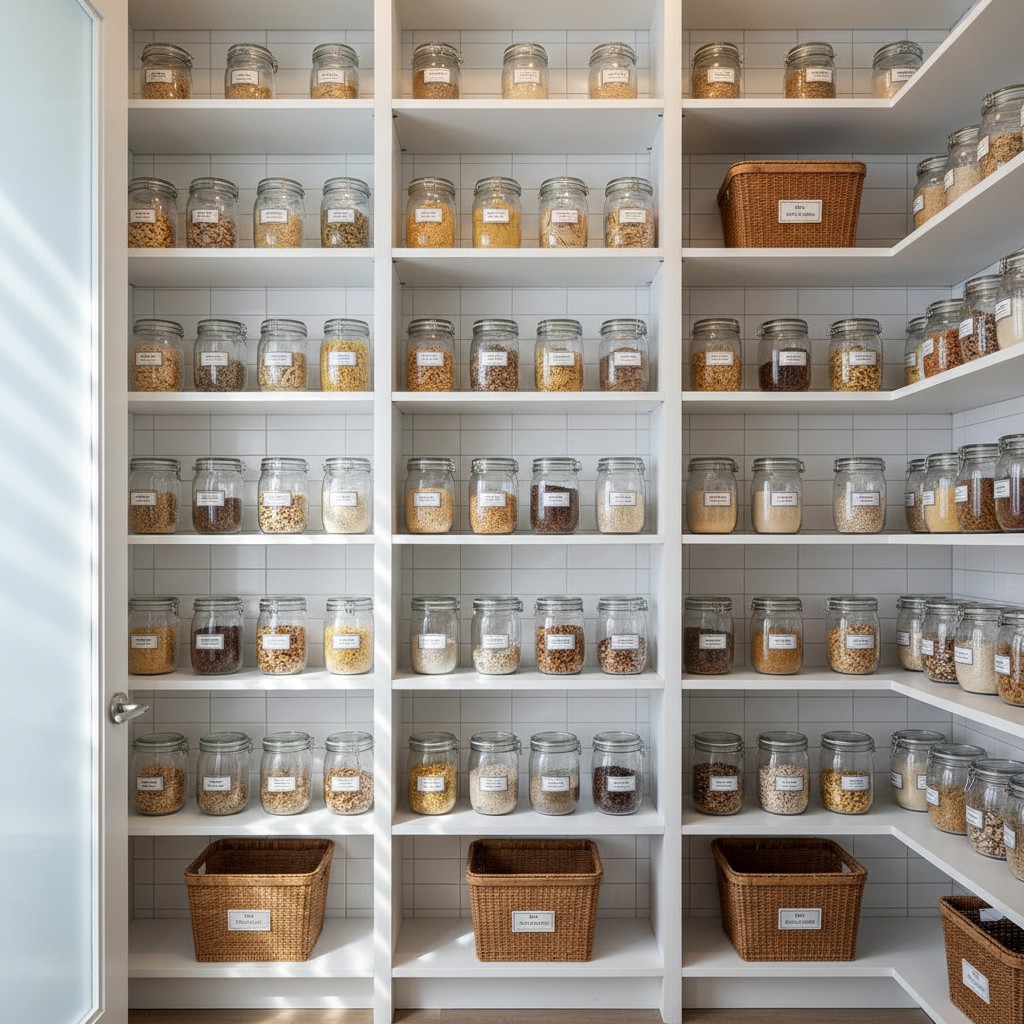 Un pozo de comida bien organizado con muchos ingredientes y cestas de almacenamiento.