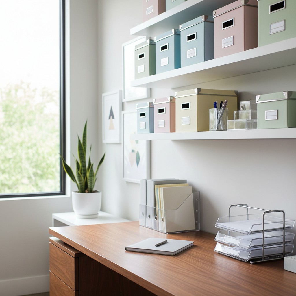 A home office with a desk, shelving, and files near a window.