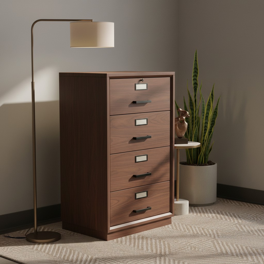 This image depicts a bedroom corner featuring a tall, narrow, light-brown wooden chest of drawers. The bottom six drawers ...